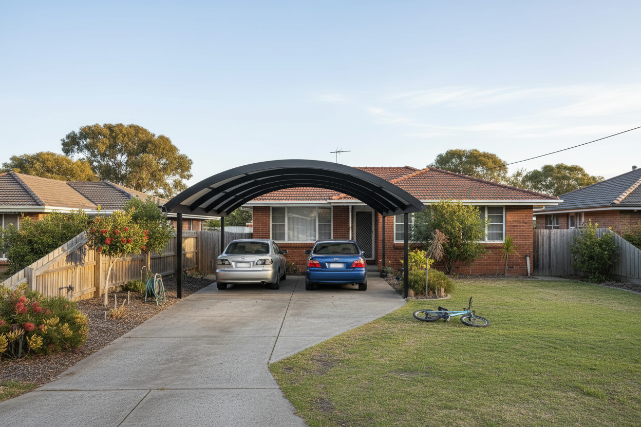 太高大上了车棚，带有弧度车棚黑色的更实际贴和生活场景